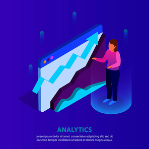 Business analytics application glow isometric background with virtual expert analyzing profitable trends 3d data flow diagram vector illustration