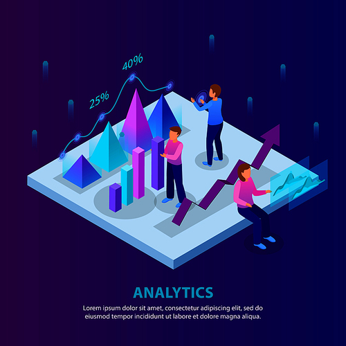 Business analytics background with pyramid diagram 3d graphic charts glow isometric composition on smartphone screen vector illustration
