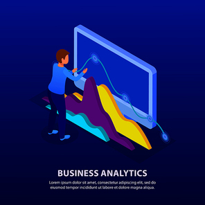 Business analytics glow isometric background composition with expert analyzing trends digital data statics 3d diagrams vector illustration