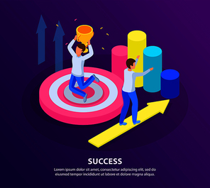 Run to goal isometric background with characters of people infographic symbols and icons with editable text vector illustration