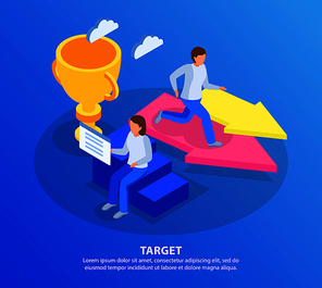 Run to goal isometric background with conceptual images of arrows stairs and running people with text vector illustration