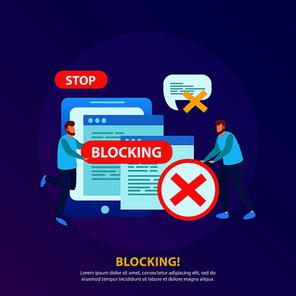 Blocking tablet ip address from wifi network stopping abusive messages isometric background composition with stop sign vector illustration