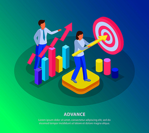Run to goal isometric background with editable text and infographic icons colourful symbols with human characters vector illustration