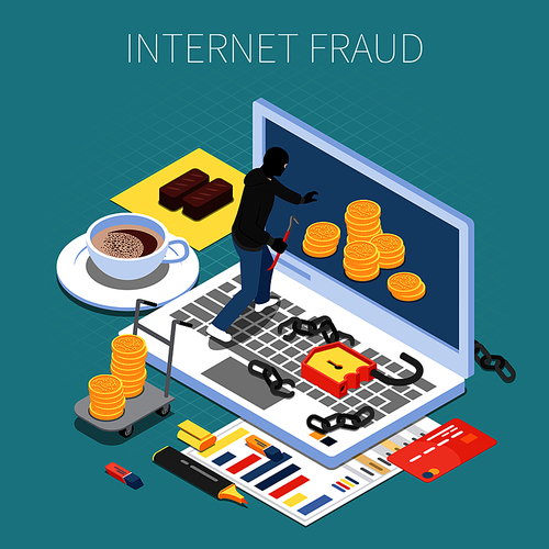 Internet fraud isometric composition hacker with money during attack to computer on turquoise background vector illustration