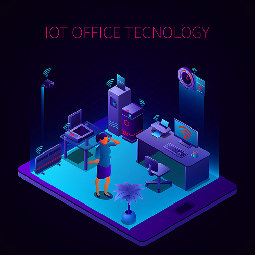 Iot technology at office work space isometric composition on mobile device screen dark background vector illustration