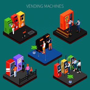 Customers near vending machines with goods and services isometric composition on turquoise background vector illustration