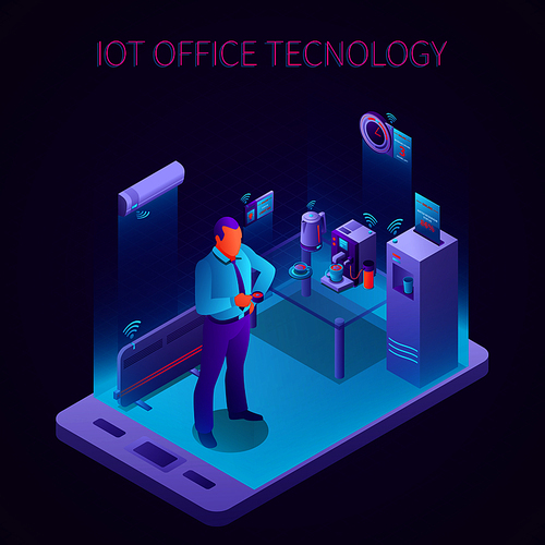 Iot technology in break room of business office isometric composition on dark background vector illustration