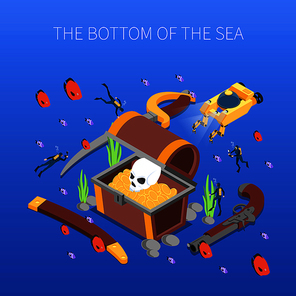 Divers during study of treasure of sea bottom isometric composition on blue background vector illustration