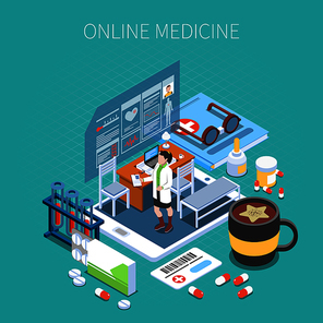 Online medicine isometric composition mobile device with office of doctor and medical objects turquoise background vector illustration
