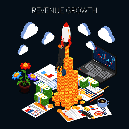 Revenue growth isometric composition increase of profit from successful start up project on dark background vector illustration