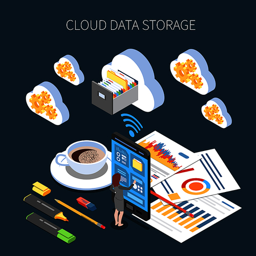 Cloud storage service isometric composition with saving of working information on dark background vector illustration