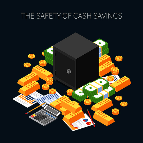 Wealth management safety of cash savings isometric composition on dark background vector illustration