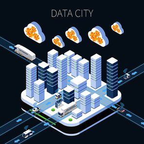 Data city isometric composition with cloud services server infrastructure and information transfer on dark background vector illustration