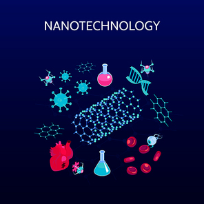 Nanotechnology isometric color background with  science symbols  isolated vector illustration