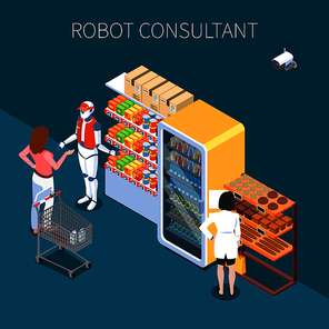 Shop technology isometric background with buyers and robot consultant in store of future interior vector illustration