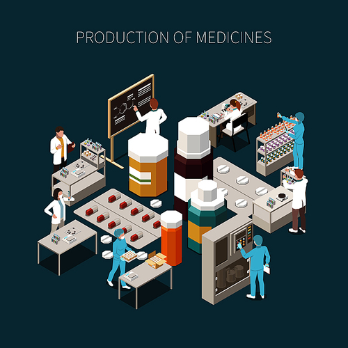 Colored isolated pharmaceutical production composition with production of medicines description and medical laboratory vector illustration