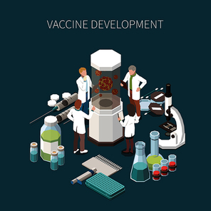 Vaccine development design concept with laboratory equipment for scientific experiments microscope ampoules with vaccine medical syringes isometric icons vector illustration