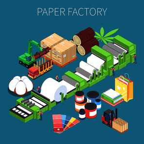 Paper factory isometric background with raw wood materials conveyor for pressing paper and finished production vector Illustration