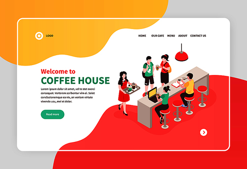 Isometric banner with barista and people eating at bar counter in coffee house 3d vector illustration
