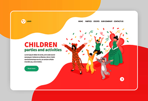 Children dancing at costume party with animator isometric banner 3d vector illustration