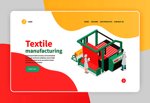 Colorful isometric banner with textile factory equipment concept 3d vector illustration