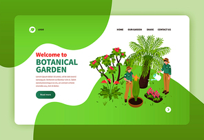Two people working in botanical garden with exotic plants isometric banner 3d vector illustration