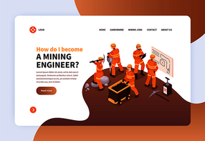 Mine landing web page design concept with images of mine workers in uniform and clickable links vector illustration