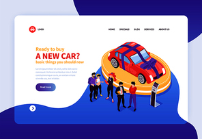 Isometric car showroom web site landing page concept background with images clickable links and editable text vector illustration