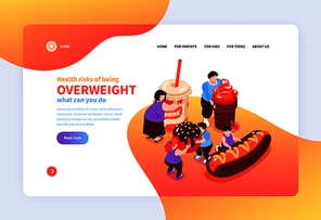 Isometric overeating gluttony website page design background with images of harmful food people links and text vector illustration