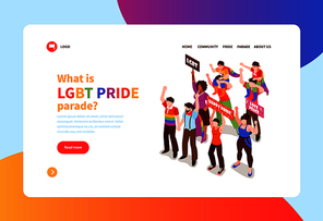 Isometric concept banner with people taking part in homosexual pride parade 3d vector illustration