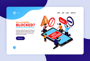 Isometric banned website concept banners web site landing page design background with text links and images vector illustration