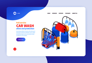 Isometric car washing services concept banner web page design with clickable links images and editable text vector illustration