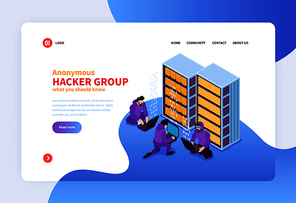 Isometric hacker concept banner web page design with anonymous hacking group images clickable links and text vector illustration