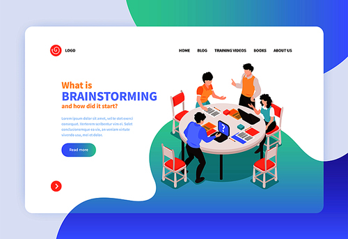 Isometric teamwork brainstorming concept banner web site landing page design with clickable links text and images vector illustration