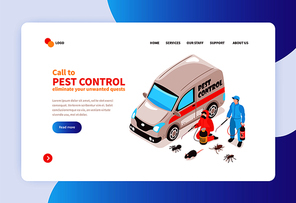 Pest control house hygiene disinfection service online concept isometric home page  banner with specialists arrival vector illustration