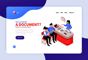 Licensed legal notary services online concept isometric website banner with notarizing document live video call vector illustration