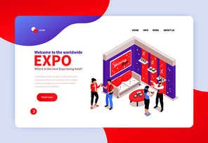 Isometric expo stand concept banner for web site landing page with exhibition booth design and links vector illustration