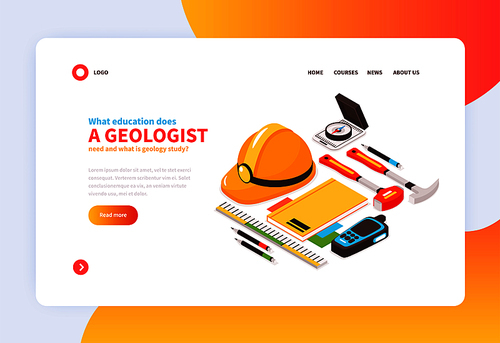 Isometric geology concept banner with images of geologists tools and clickable links editable text and buttons vector illustration