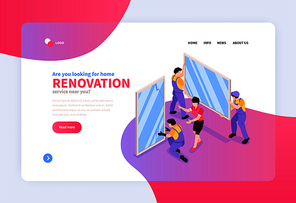 Home renovation remodeling service online concept isometric web banner with professional window frames replacement installation vector illustration