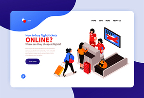 Isometric airport concept banner with clickable links buttons and images of passenger queue at check-in stand vector illustration