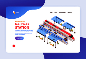 Isometric railway station concept banner web site landing page design with clickable links and editable text vector illustration