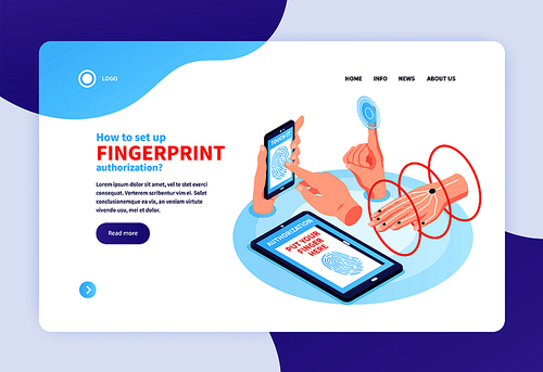 Isometric biometric identification concept banner web site landing page with clickable links and human hand images vector illustration