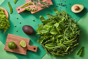 Top view of the natural organic fresh green vegetables on a duotone green background for cooking a vegetarian salad. Healthy lifestyle. Vegetarian organic food.