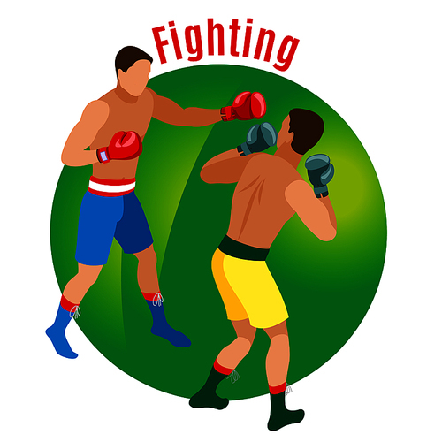 Box isometric background with faceless human characters of two men in boxing gloves with editable text vector illustration