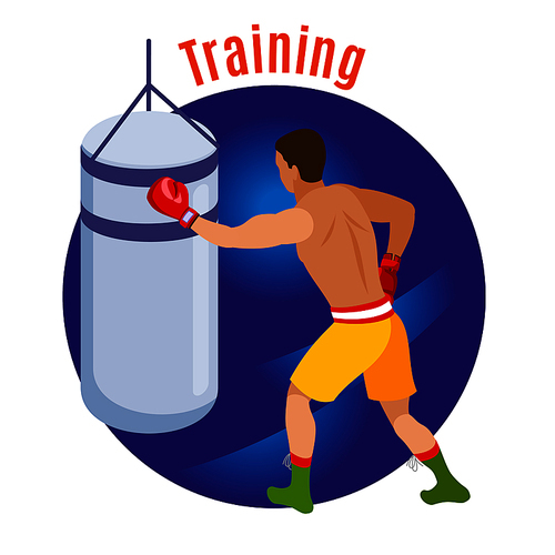 Box isometric background with human character of boxer in boxing gloves with text and punching bag vector illustration