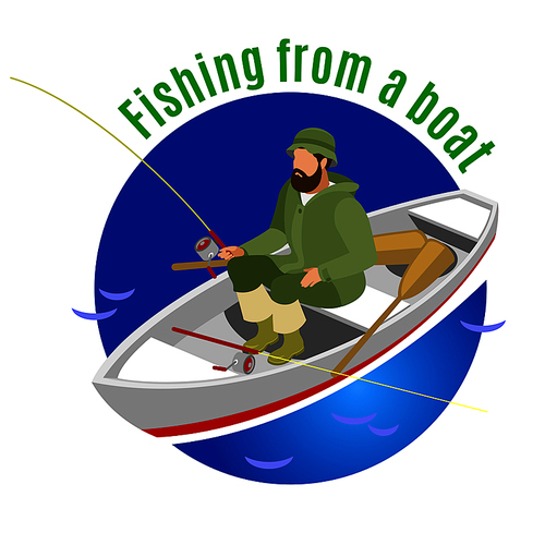 Fisher in protective clothing during fishing from boat on blue round background isometric vector illustration