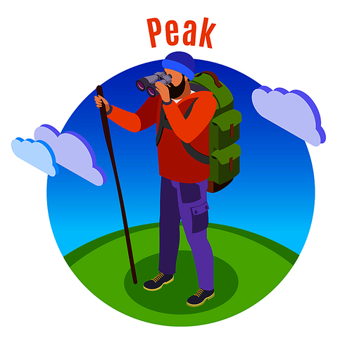 Hiking isometric background with human character of tourist in open plain with cloud images and text vector illustration