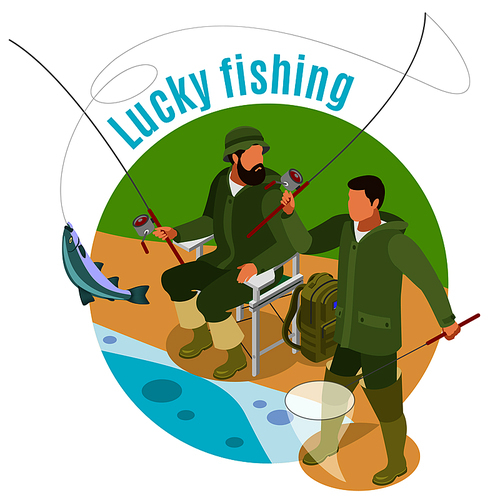 Men with spinning rods and haul during lucky fishing on round background isometric vector illustration