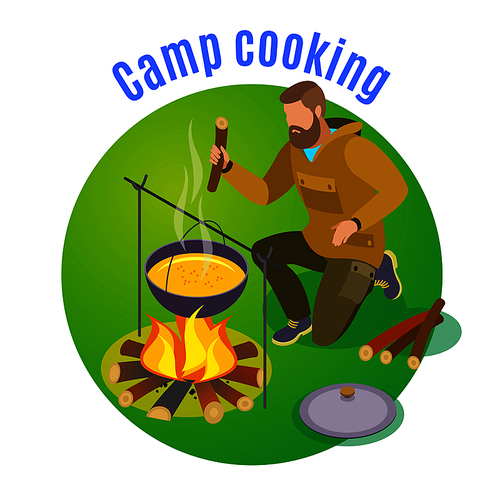 Hiking isometric background with campfire and cooking tin and brushwood flat images with man and text vector illustration