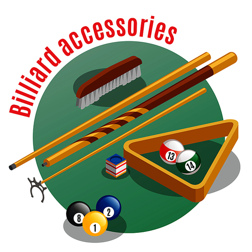 Billiard accessories isometric background with editable text and closeup view of lucky balls sticks and table vector illustration